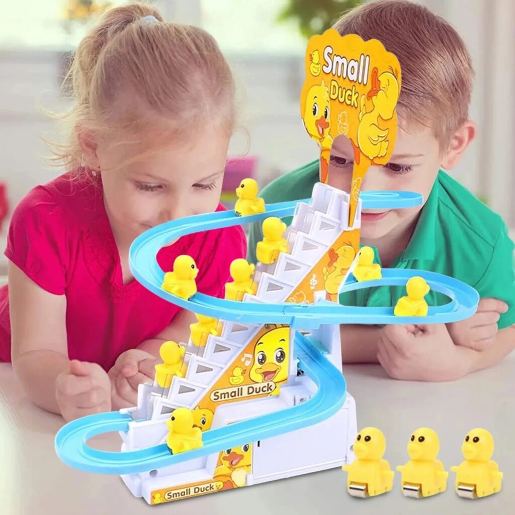 Small Ducks Climbing Toys, Electric Ducks Chasing Race Track Game Set, Playful Roller Coaster Toy with 9 Duck LED Flashing Lights & Music Button, Fun Duck Stair Climbing Toy for Toddlers and Kids